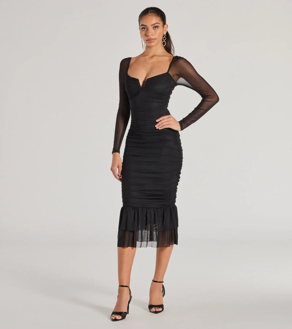 Elegant Ruched And Ruffled Mesh Midi Dress